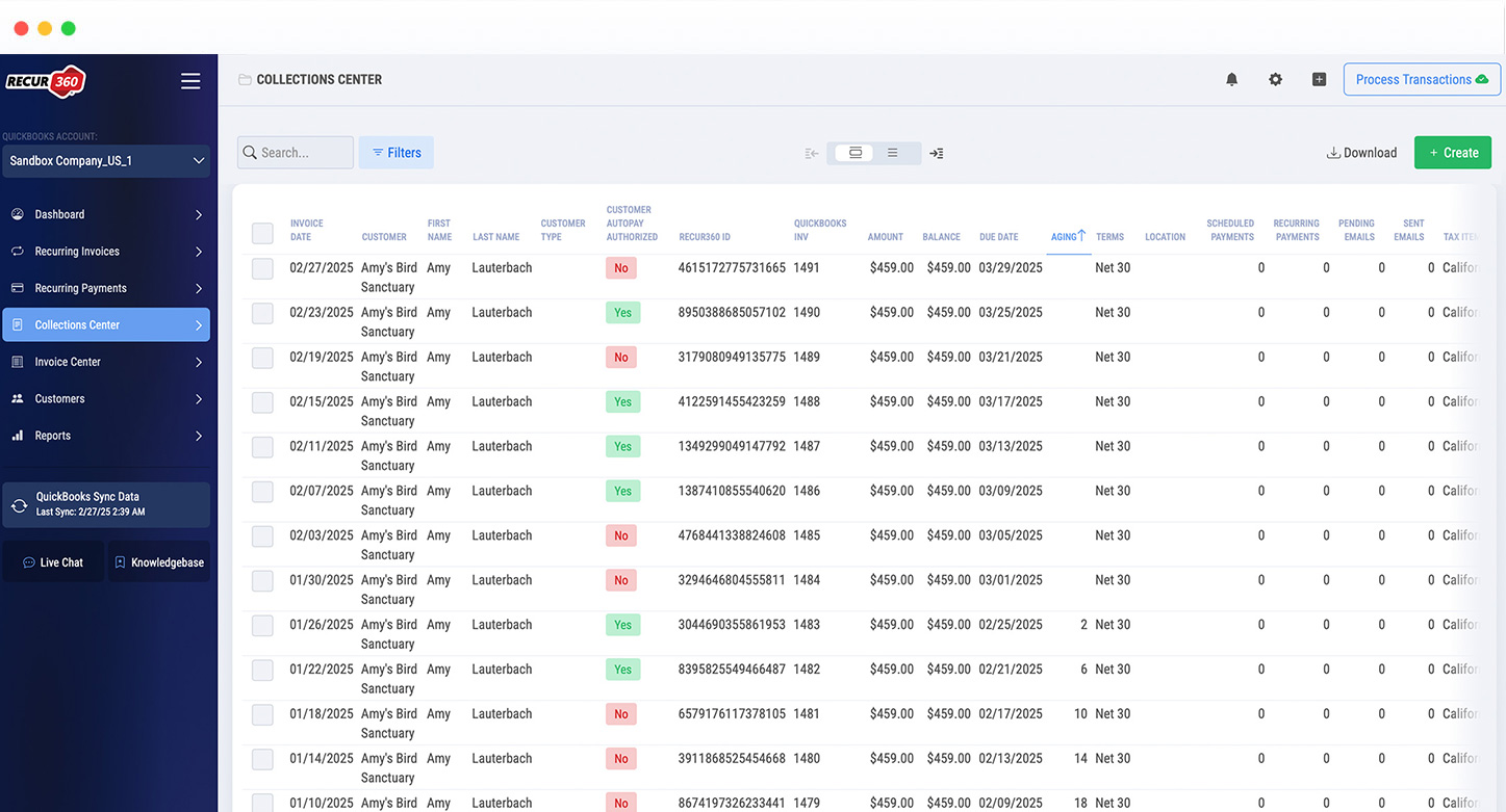 Screenshot of recurring billing platform Recur360