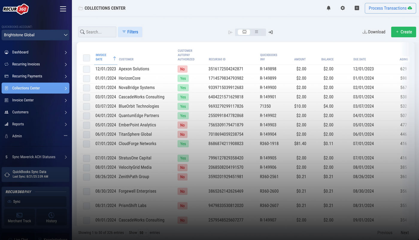 Screenshot of Recur360 Dashboard