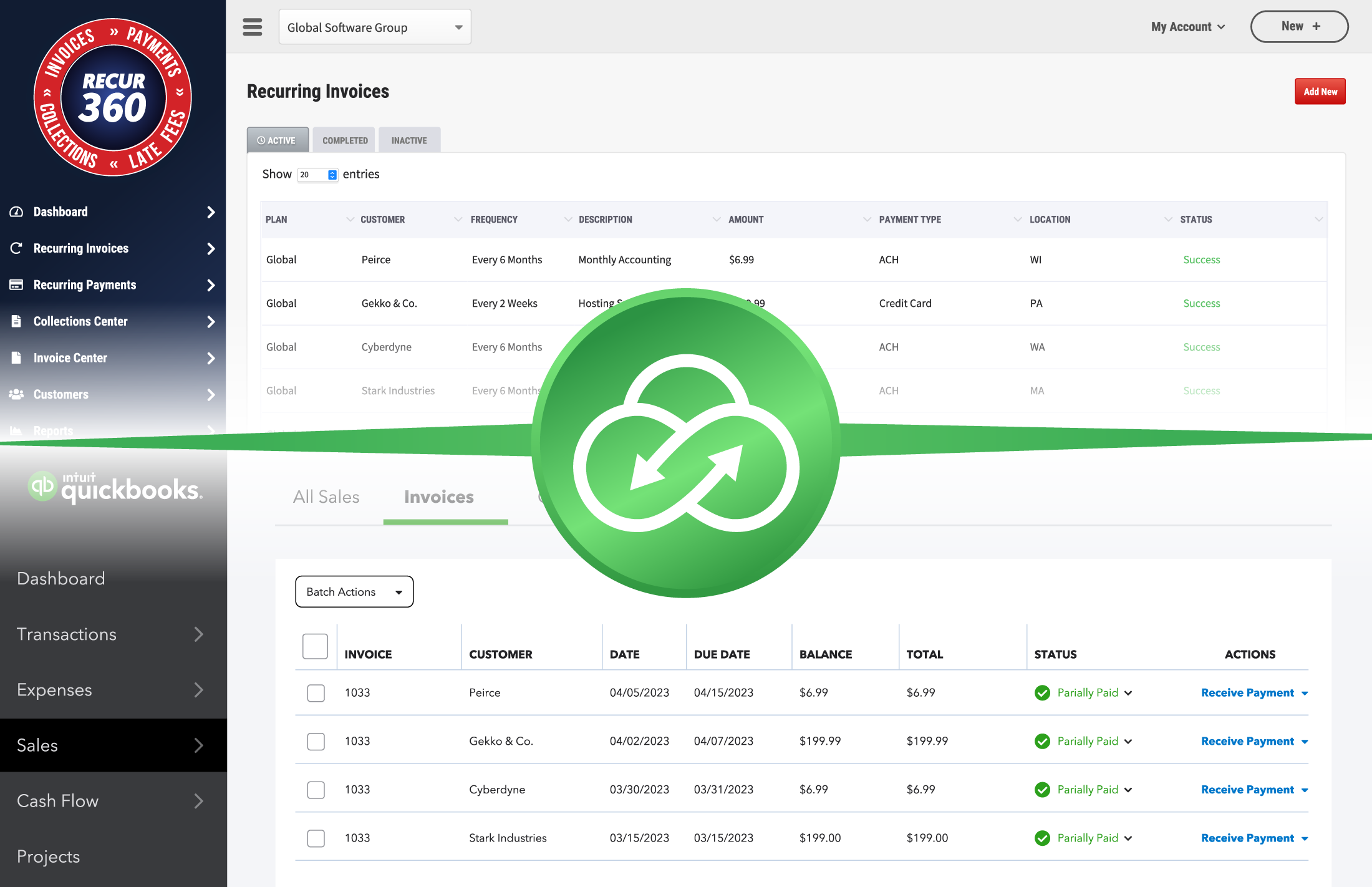 Screenshot of Recur360 syncing with QuickBooks