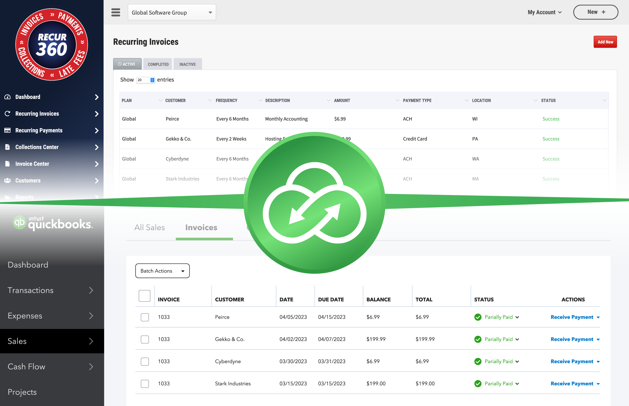 Screenshot of RECUR360 syncing with QuickBooks