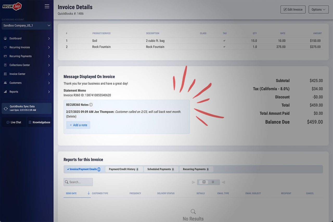 Image of Add custom internal notes to an invoice in RECUR360