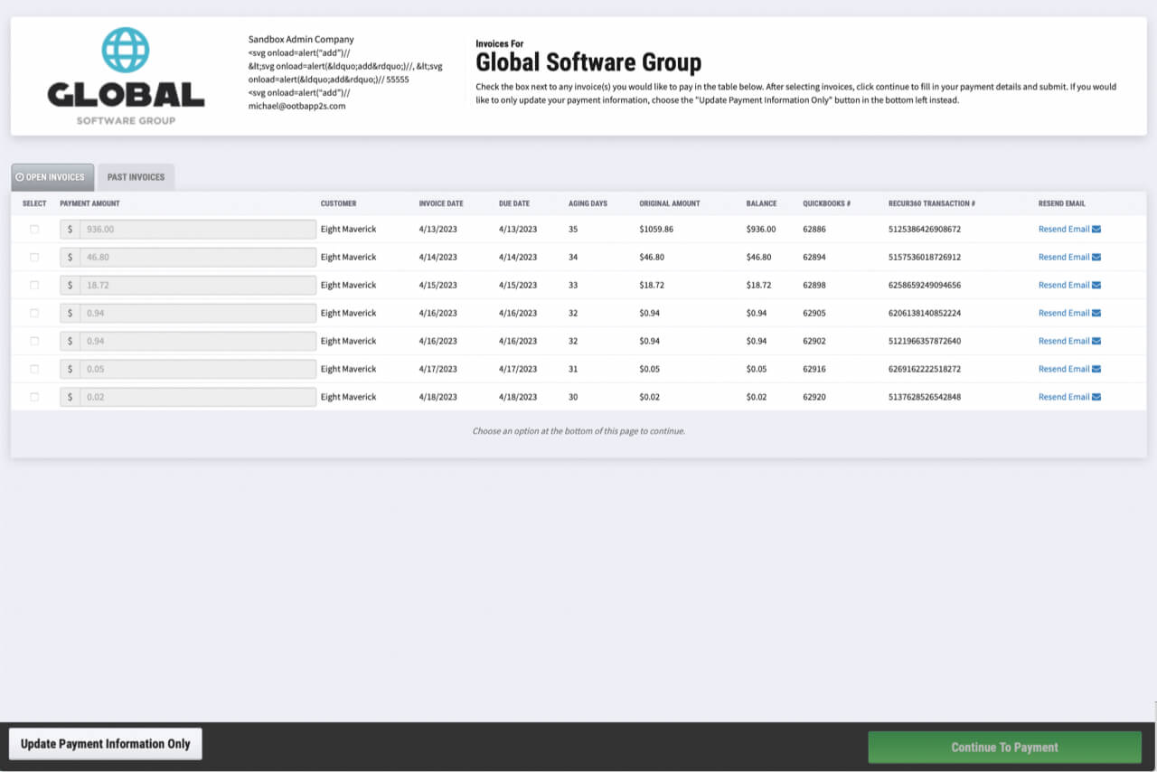 Screenshot of Allow Customer to View Some or All Current and Past Invoices in RECUR360