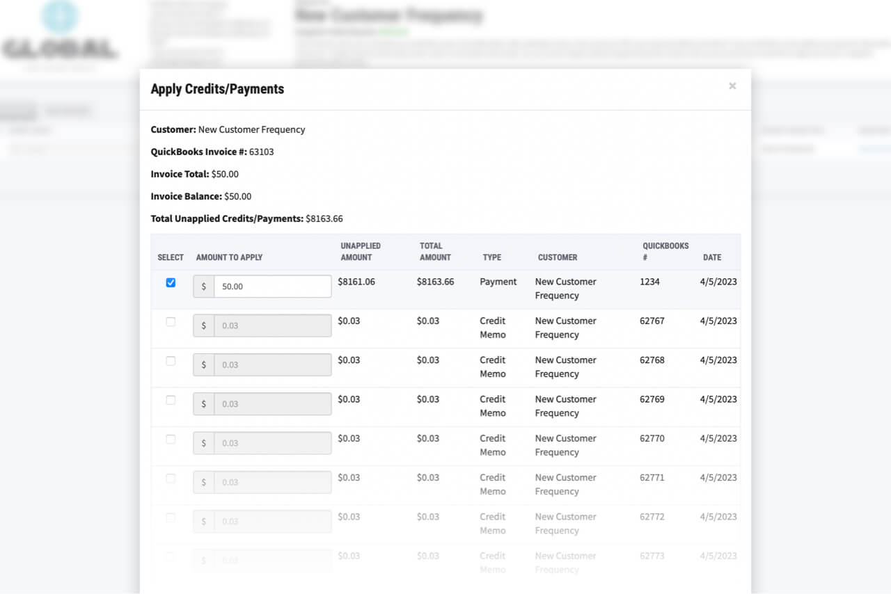 Screenshot of Allow customers to use credit memos on open invoices in RECUR360