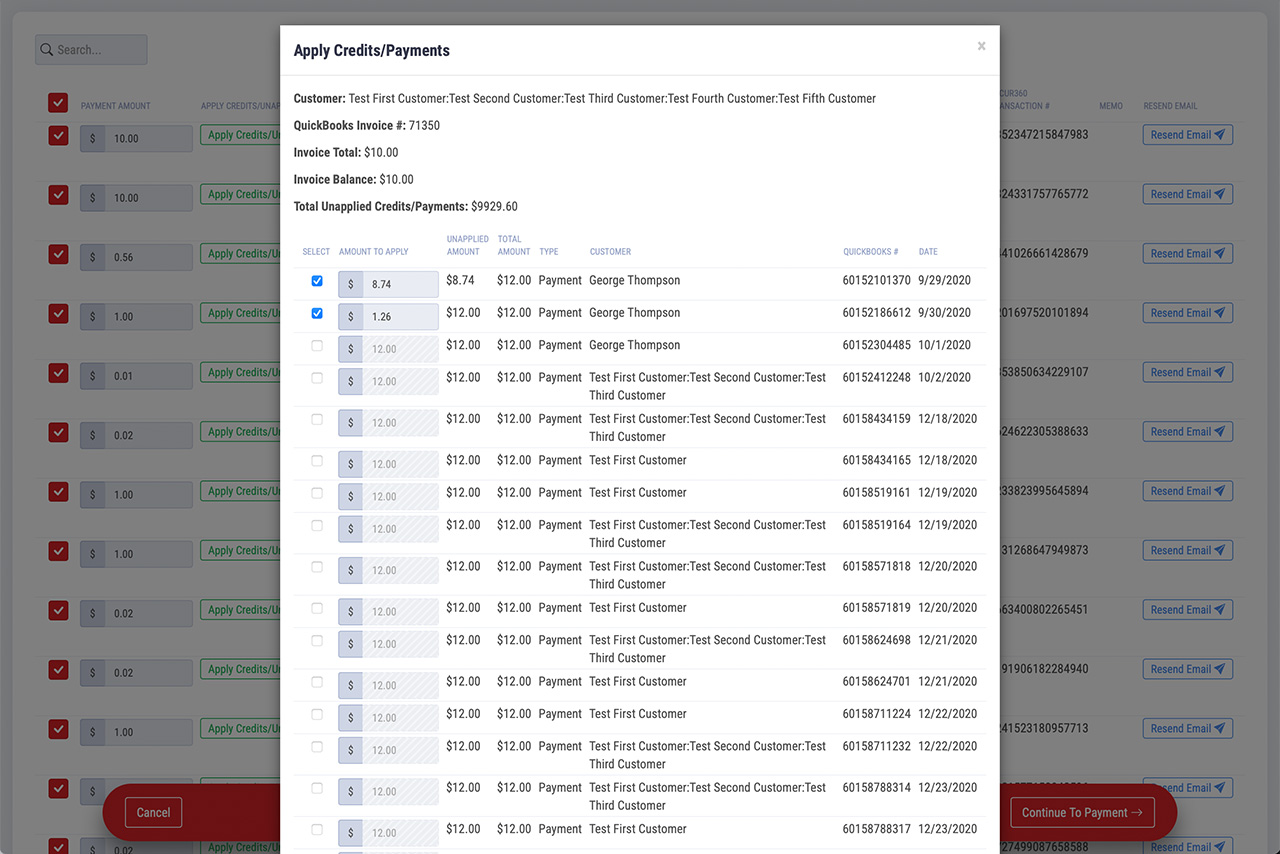 Screenshot of Allow customers to use credit memos on open invoices in RECUR360