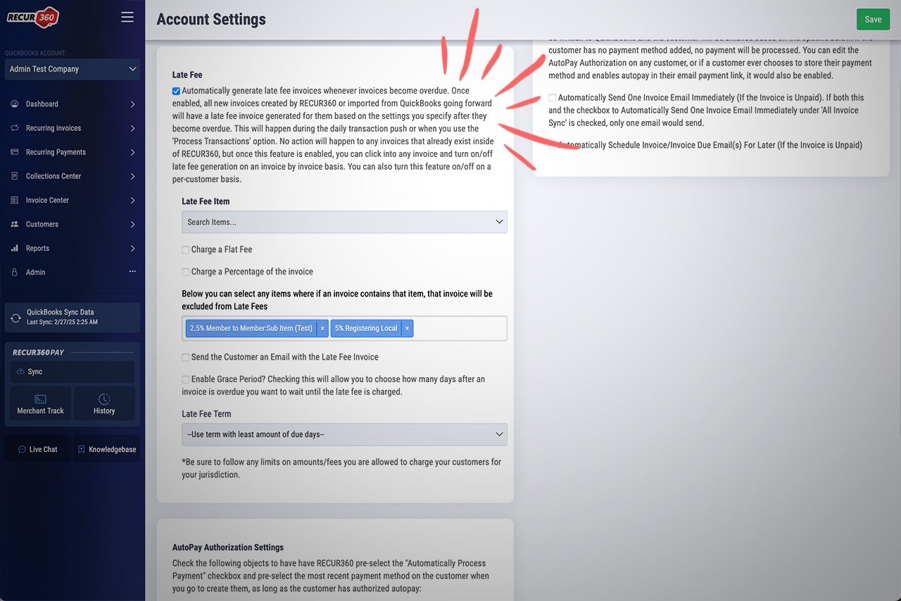 Screenshot of Auto Generate Late Fee Invoices in RECUR360