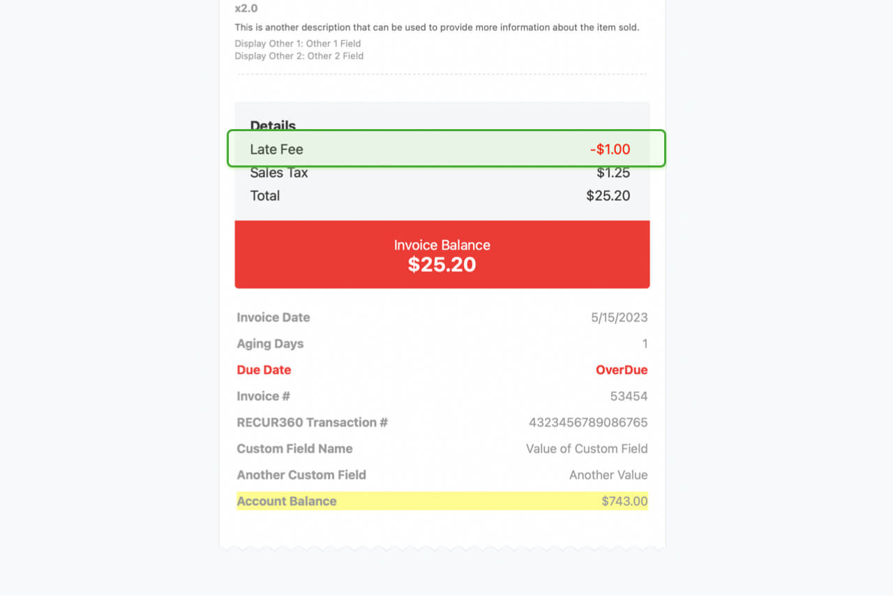 Image of Auto generate late fees based on when invoice is overdue in RECUR360