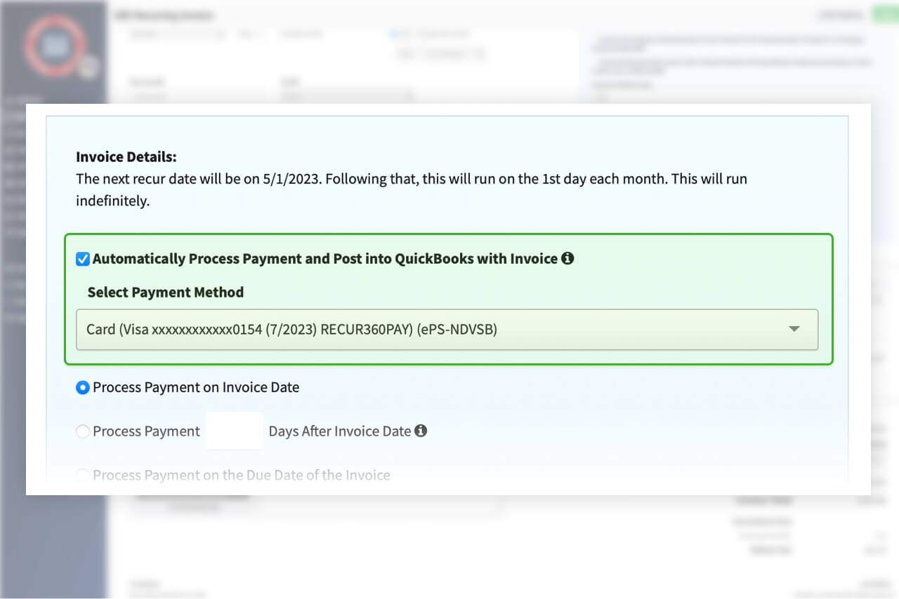 Screenshot of Auto process into QuickBooks with Invoice in RECUR360