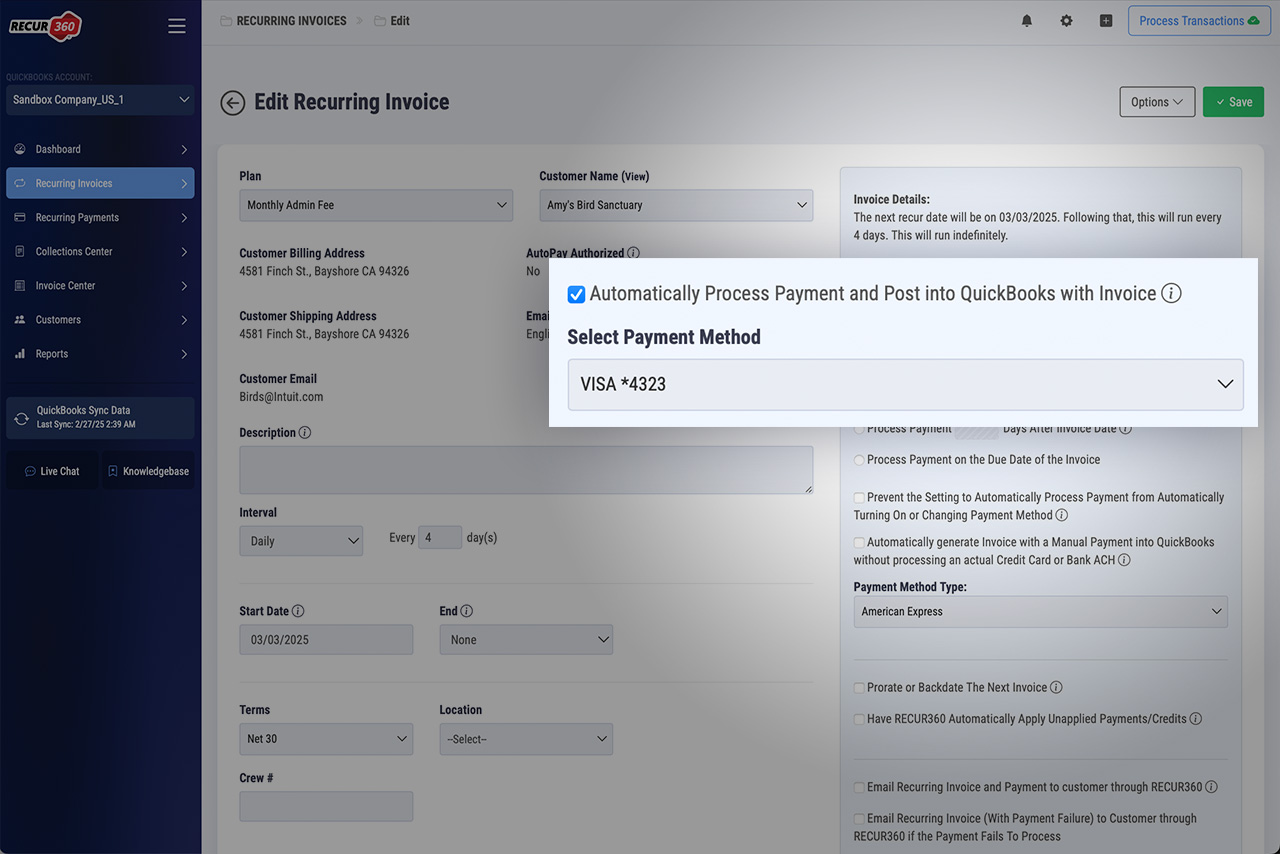 Image of Auto process into QuickBooks with Invoice in RECUR360