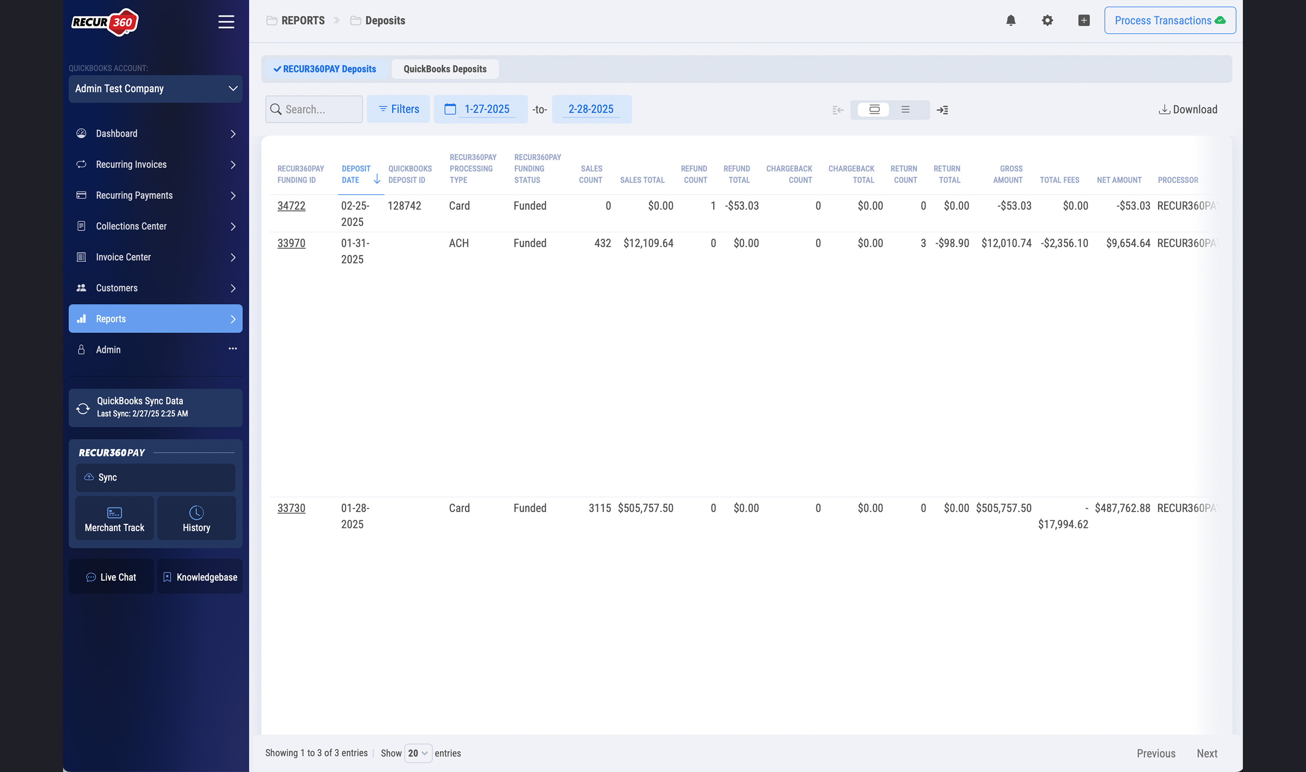 Screenshot of Deposits Report