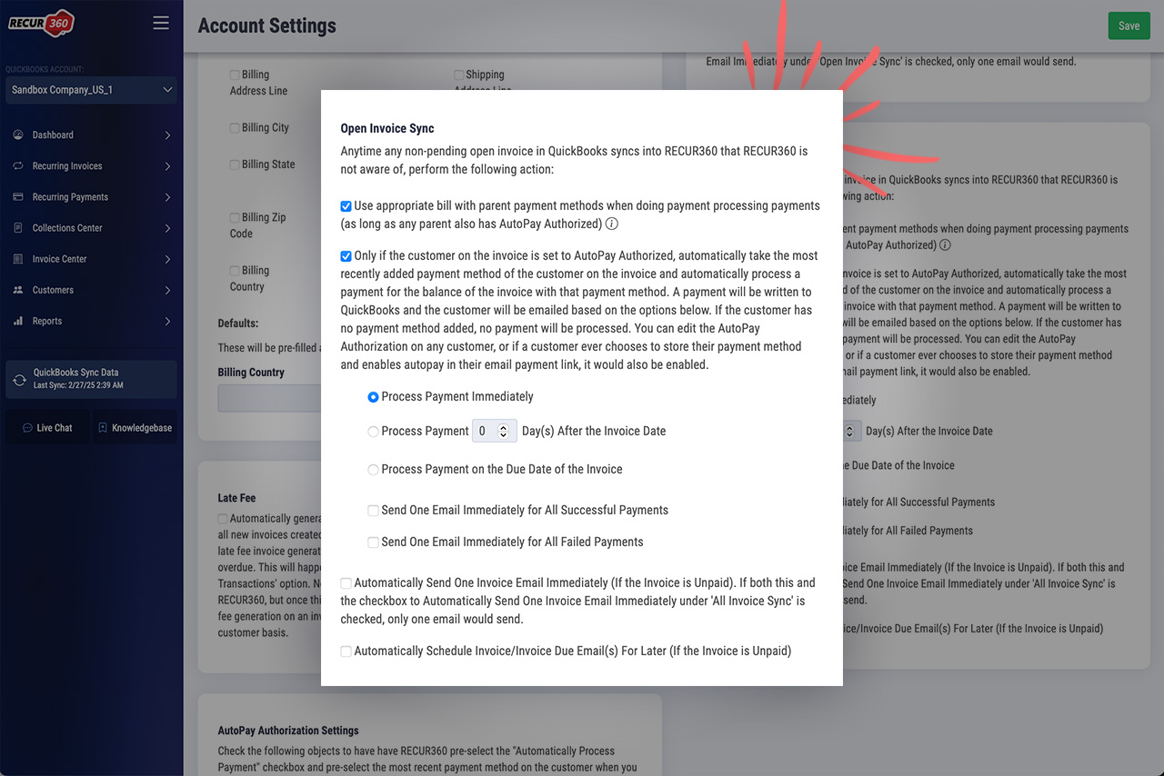 Image of Choose behavior when open invoices sync into RECUR360 in RECUR360