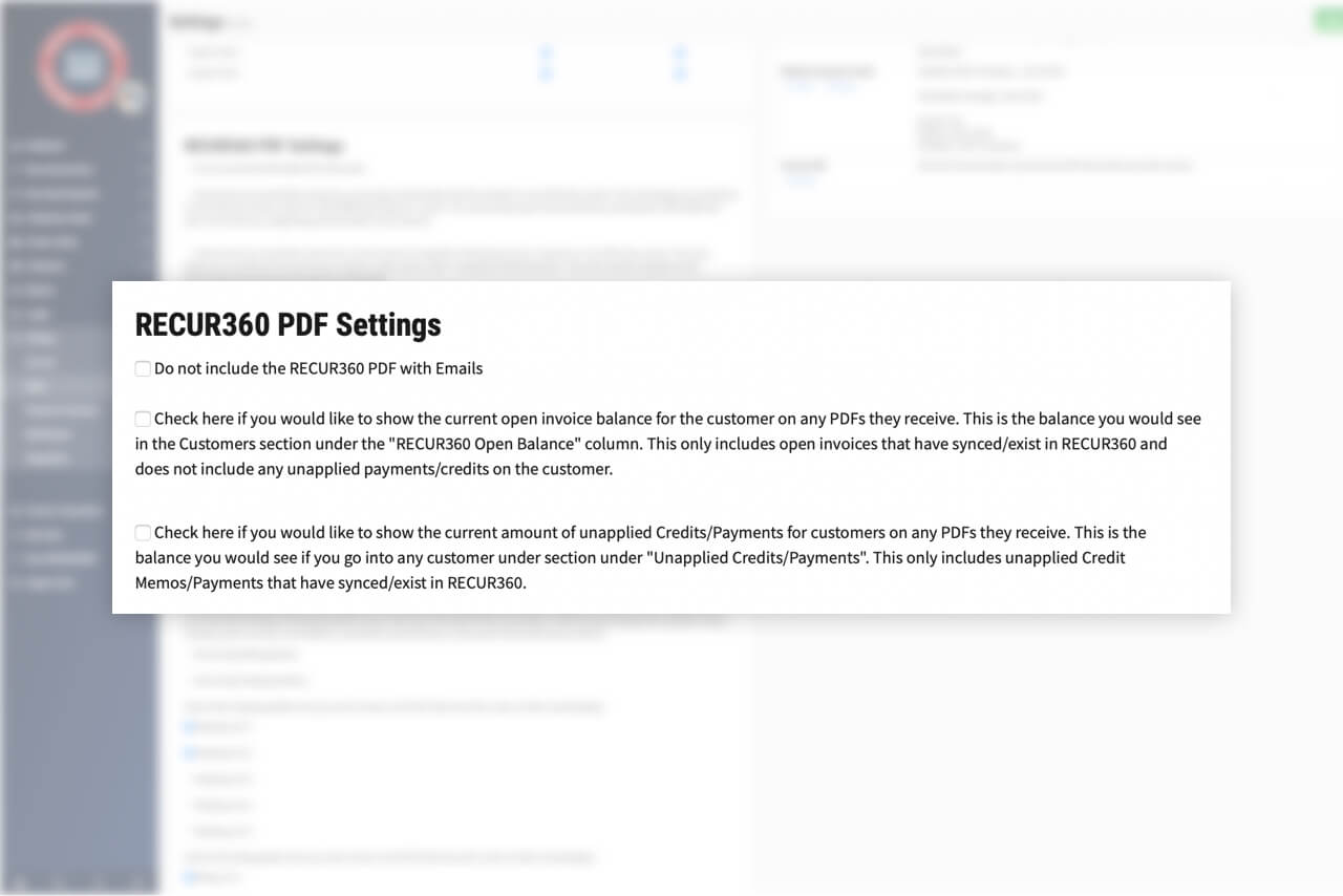 Screenshot of Choose to include PDF with emailed invoices in RECUR360