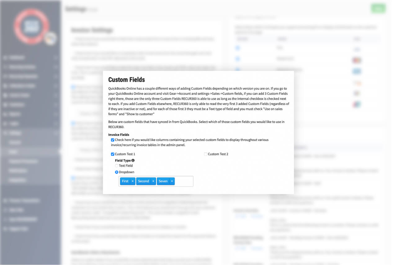 Image of Create custom fields and sync with QuickBooks in RECUR360