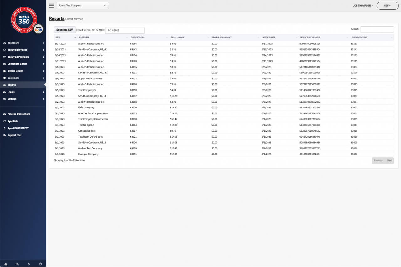 Image of Credit Memos Report in RECUR360