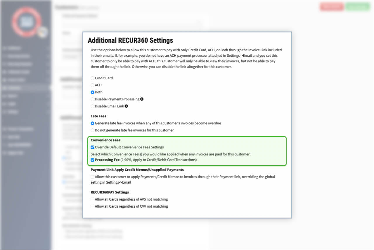 Screenshot of Customize Convenience Fee Per Customer or Invoice in RECUR360