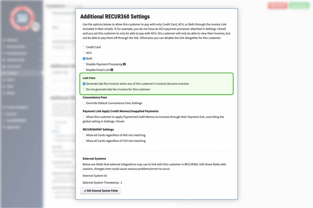 Image of Customize Late Fee per Customer in RECUR360