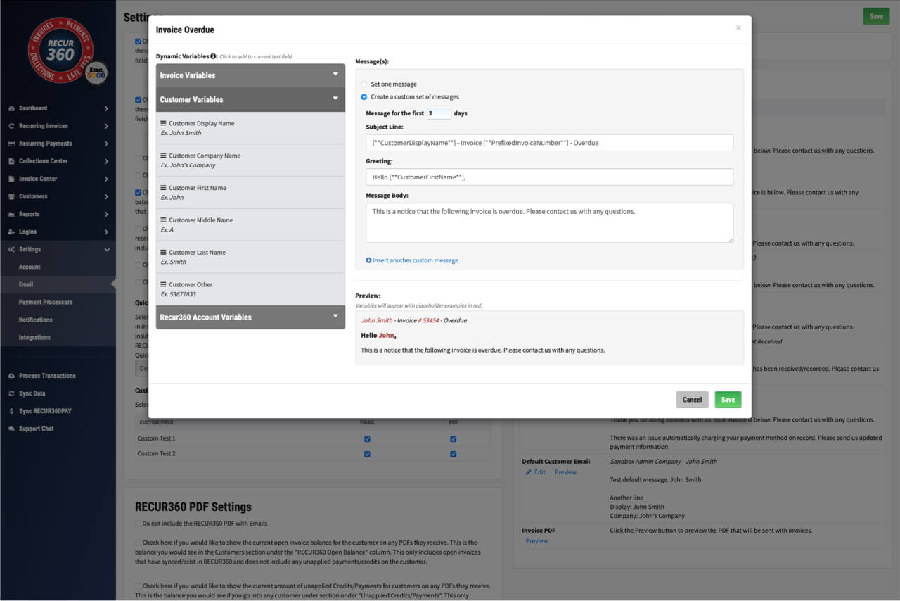 Image of Customize Overdue message Based on How Many Days have Passed in RECUR360