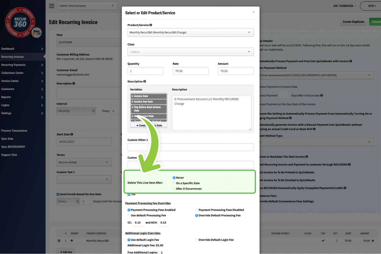 Screenshot of Delete Item After Next Invoice in RECUR360