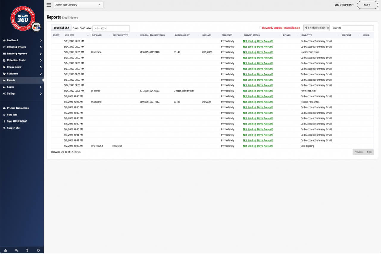 Screenshot of Email History Report in RECUR360