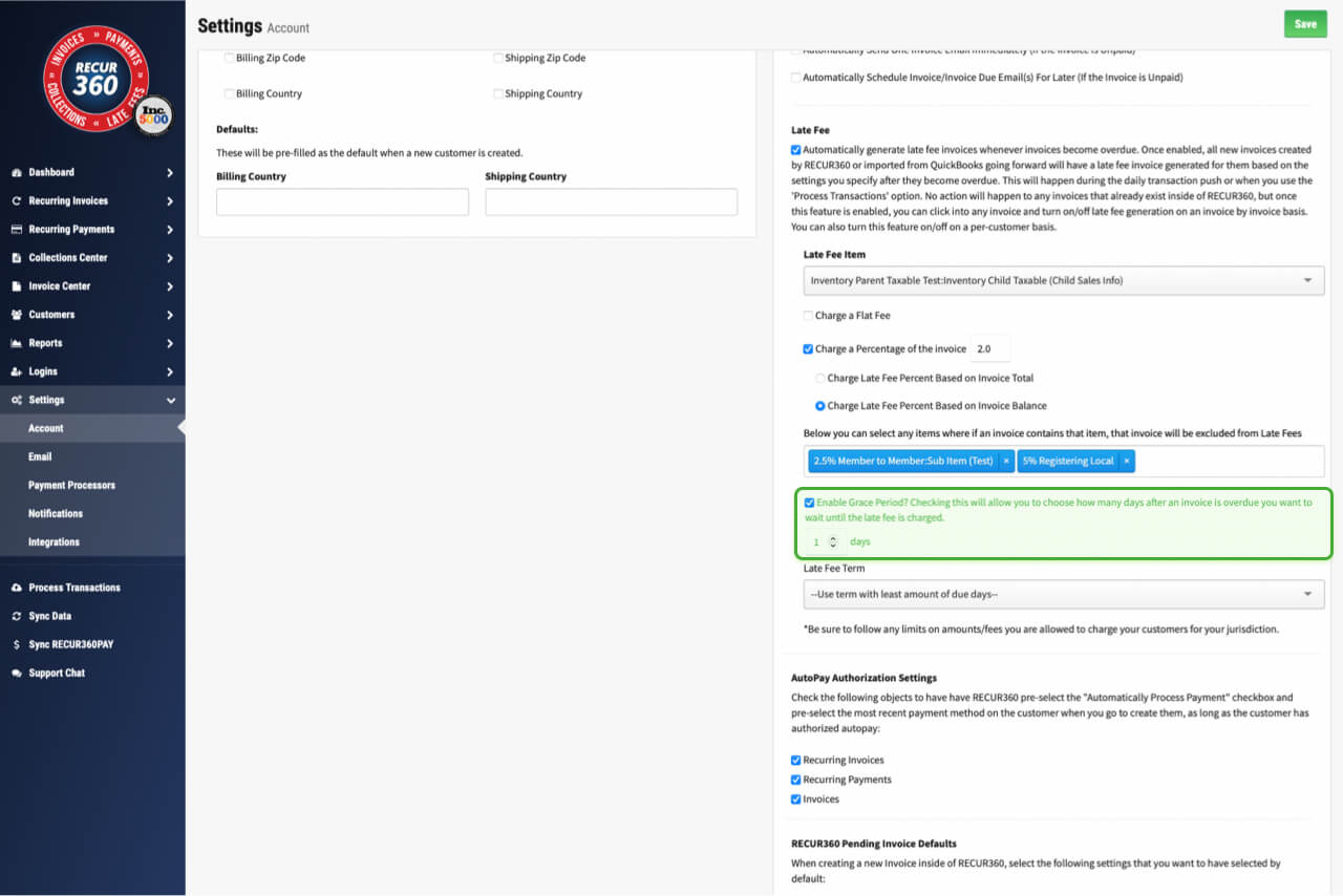 Screenshot of Enable Grace Period in RECUR360