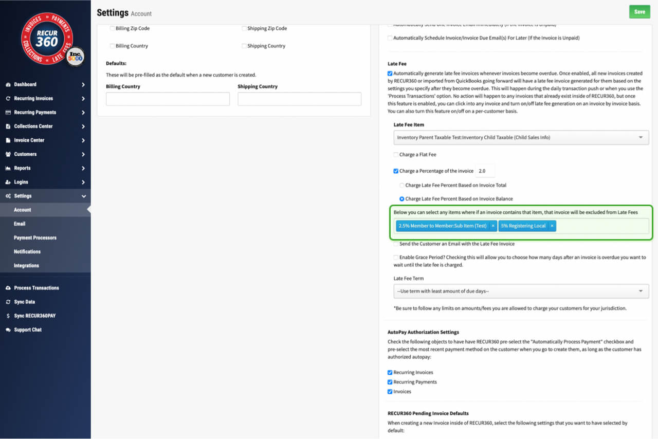 Image of Exclude items from late fee default rules in RECUR360