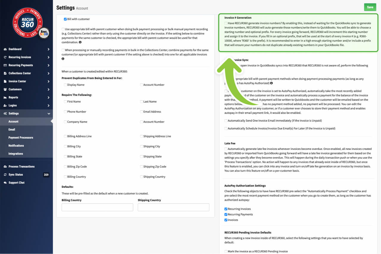 Image of Generate Invoice ID’s and Customize in RECUR360