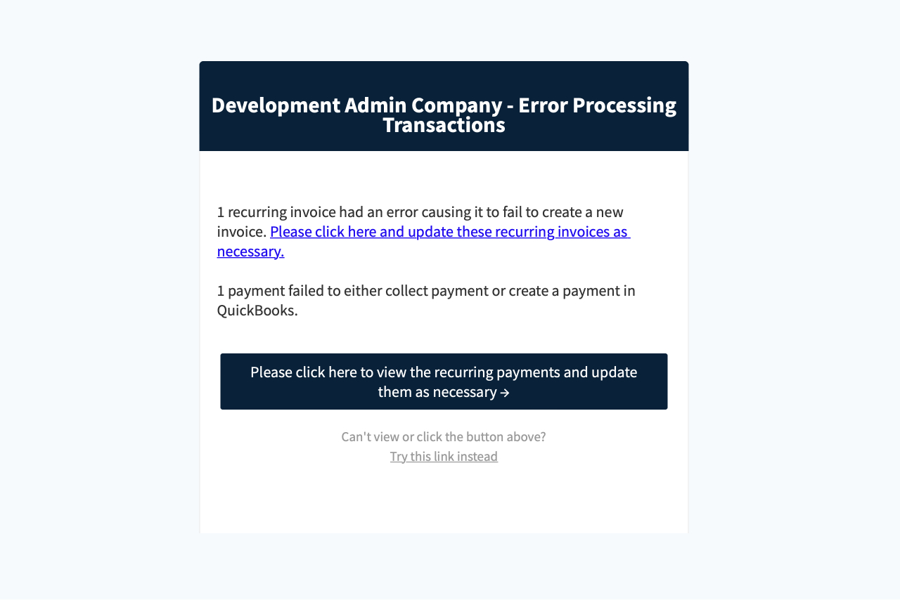 Screenshot of Get Transaction Processing Error Email in RECUR360