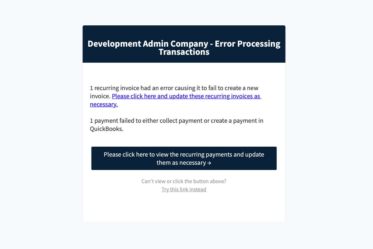 Image of Get Transaction Processing Error Email in RECUR360