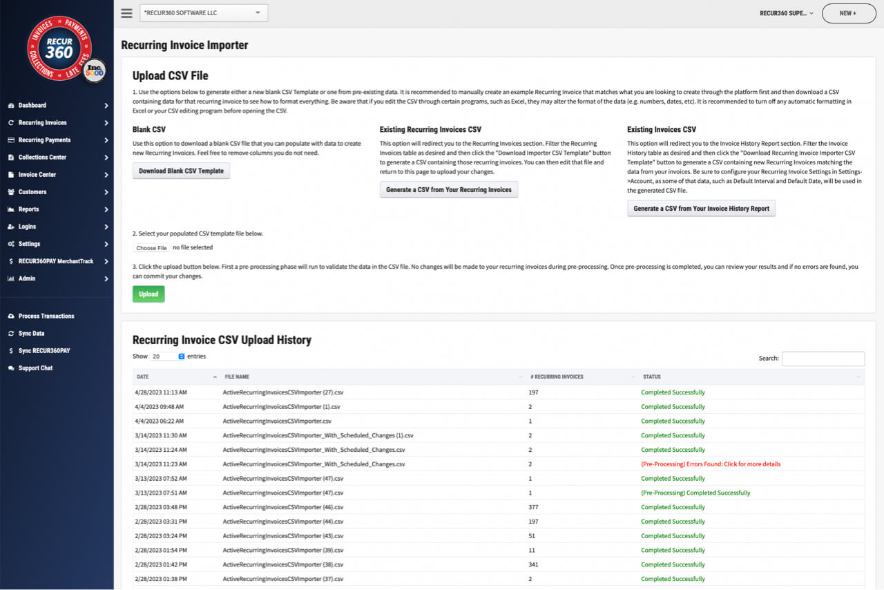 Screenshot of Import or Export to CSV in RECUR360