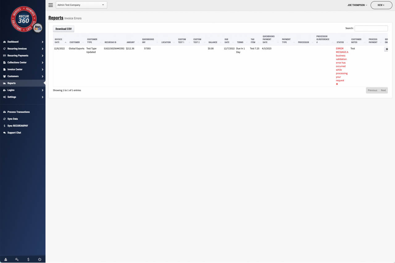 Image of Invoice Errors Report in RECUR360