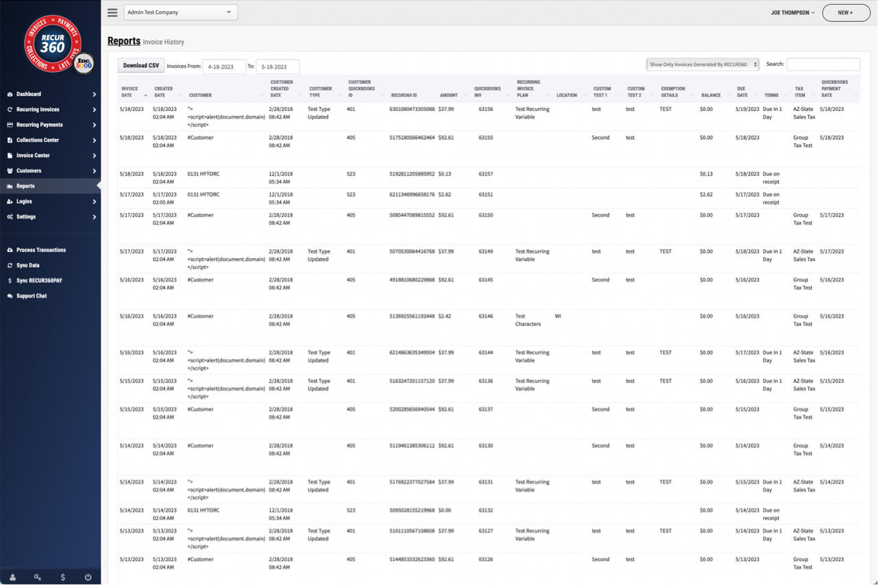 Image of Invoice History Report in RECUR360