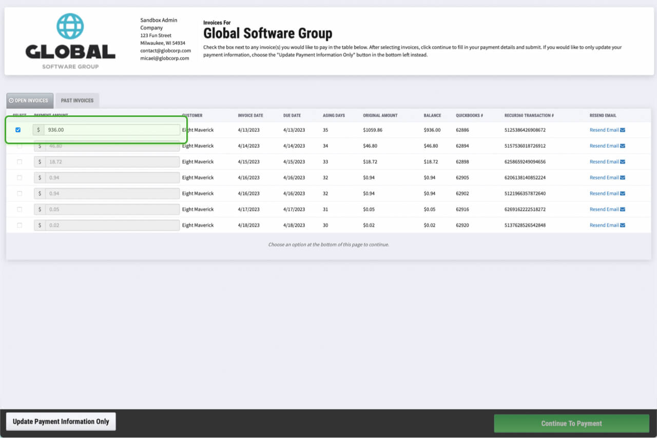 Screenshot of Let Customers Make Partial Payments in RECUR360