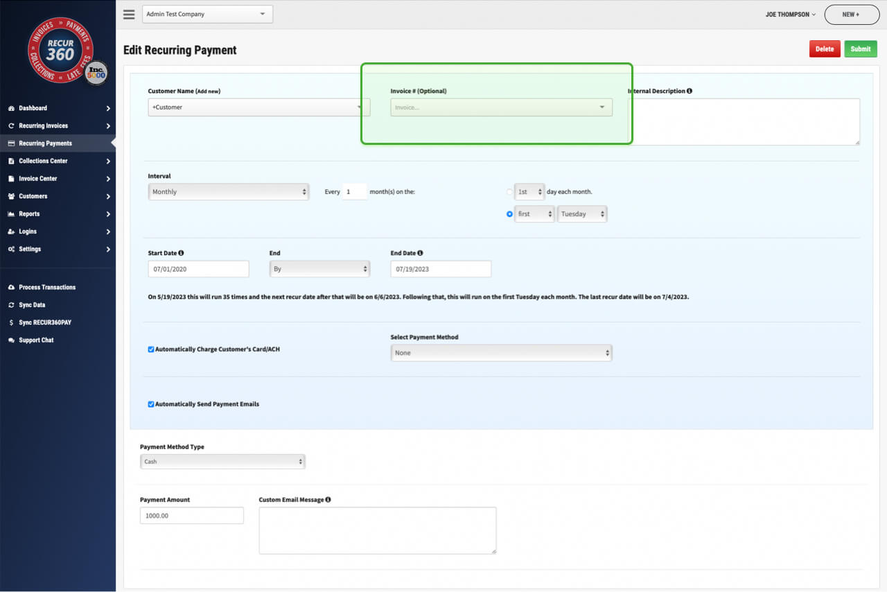 Screenshot of Link Recurring Payment to existing invoice. in RECUR360