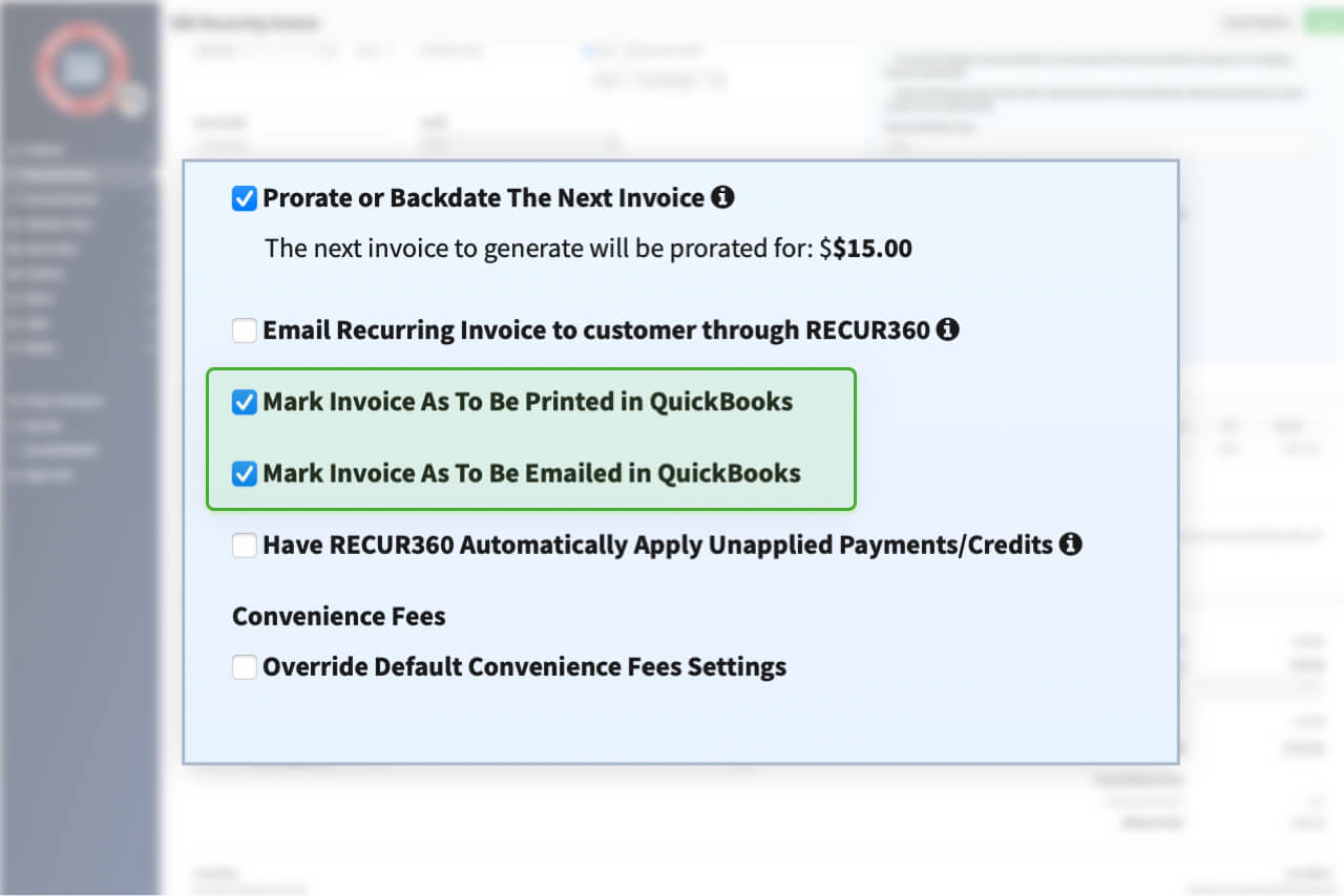 Screenshot of Mark as to be Printed or Emailed in QuickBooks Desktop in RECUR360