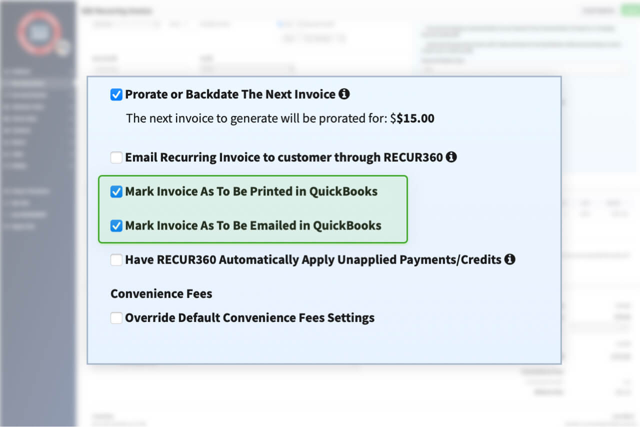 Image of Mark as to be Printed or Emailed in QuickBooks Desktop in RECUR360