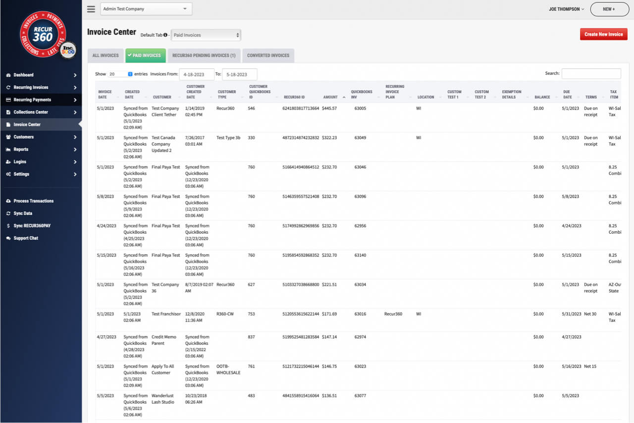 Screenshot of One Time Invoices in RECUR360