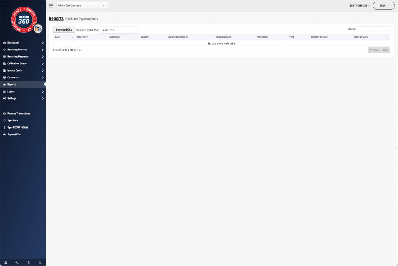 Screenshot of Payment Errors Report in RECUR360