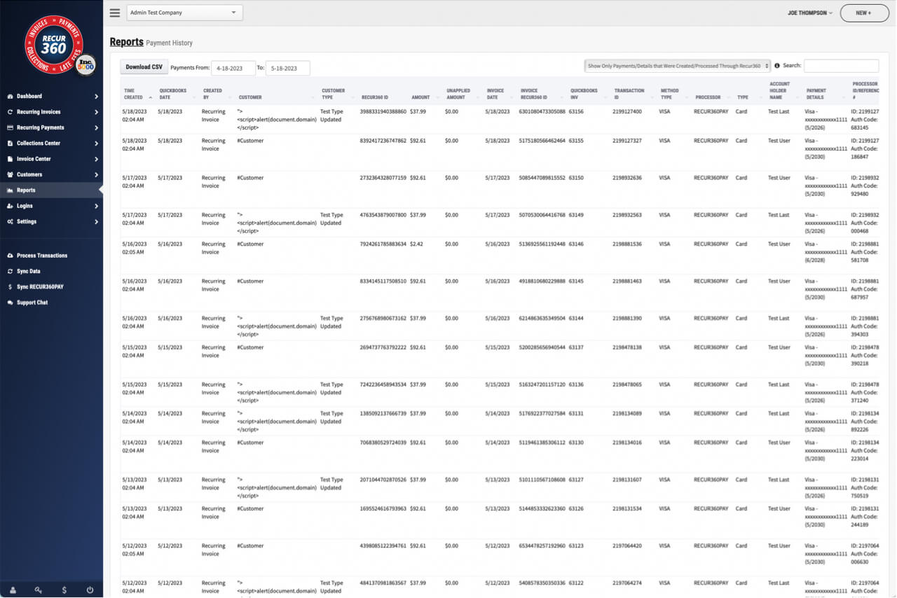 Screenshot of Payment History Report in RECUR360