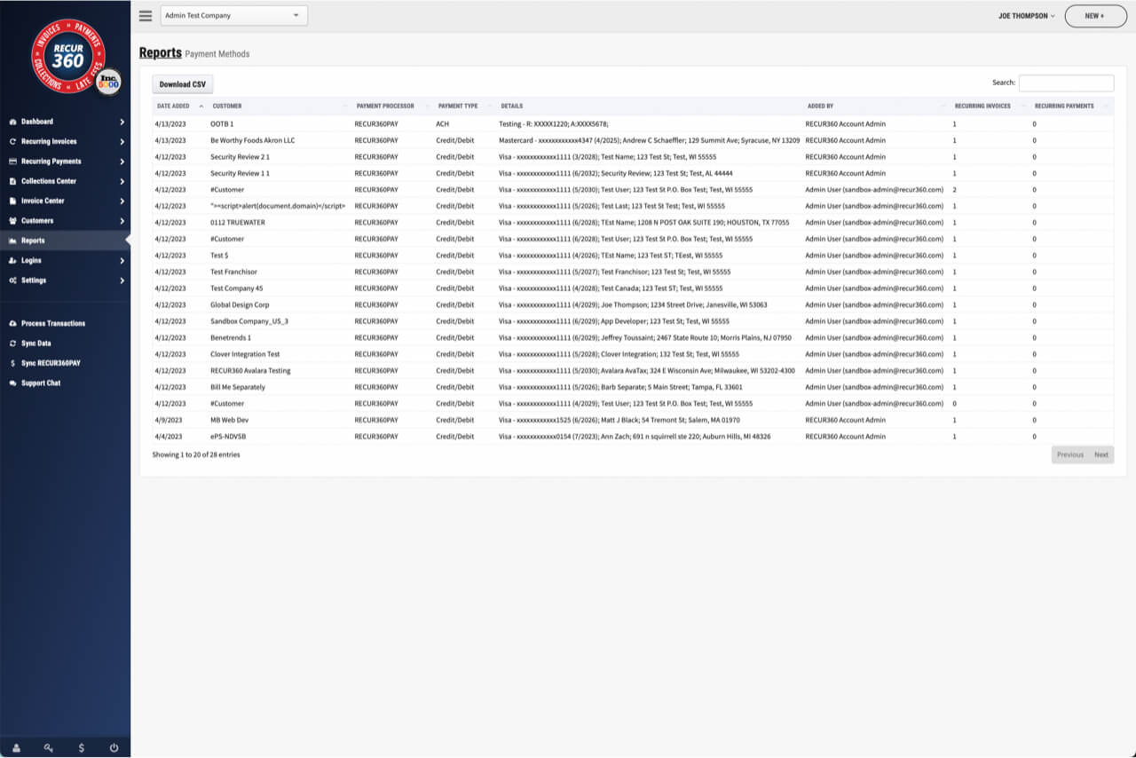 Image of Payment Methods Report in RECUR360