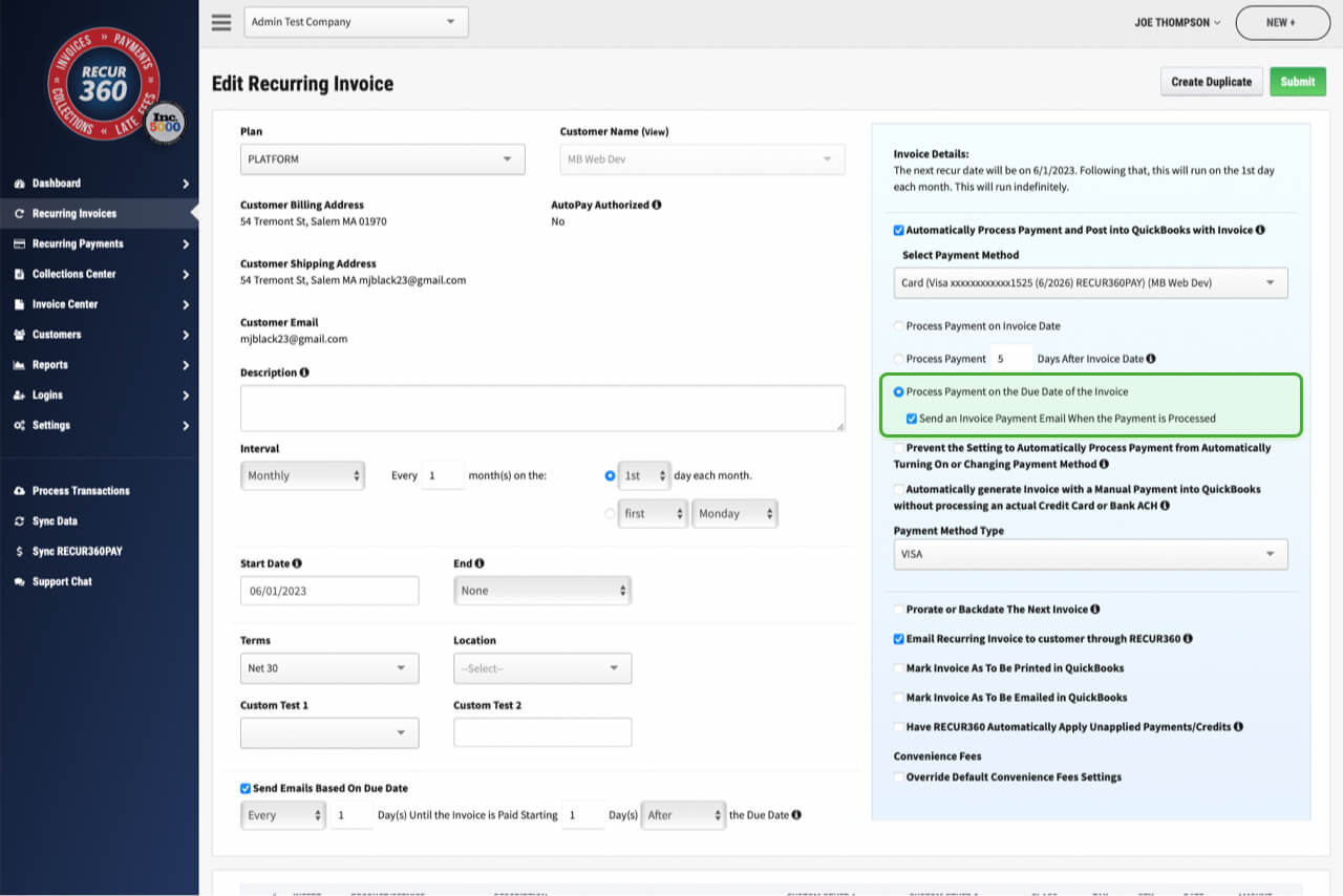 Screenshot of Process payment no later than the last day of the month in RECUR360