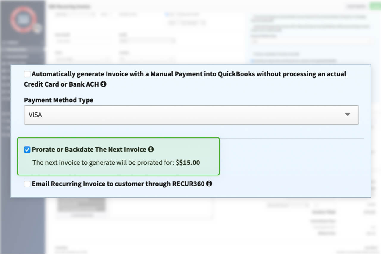 Screenshot of Prorate or Backdate Invoices in RECUR360