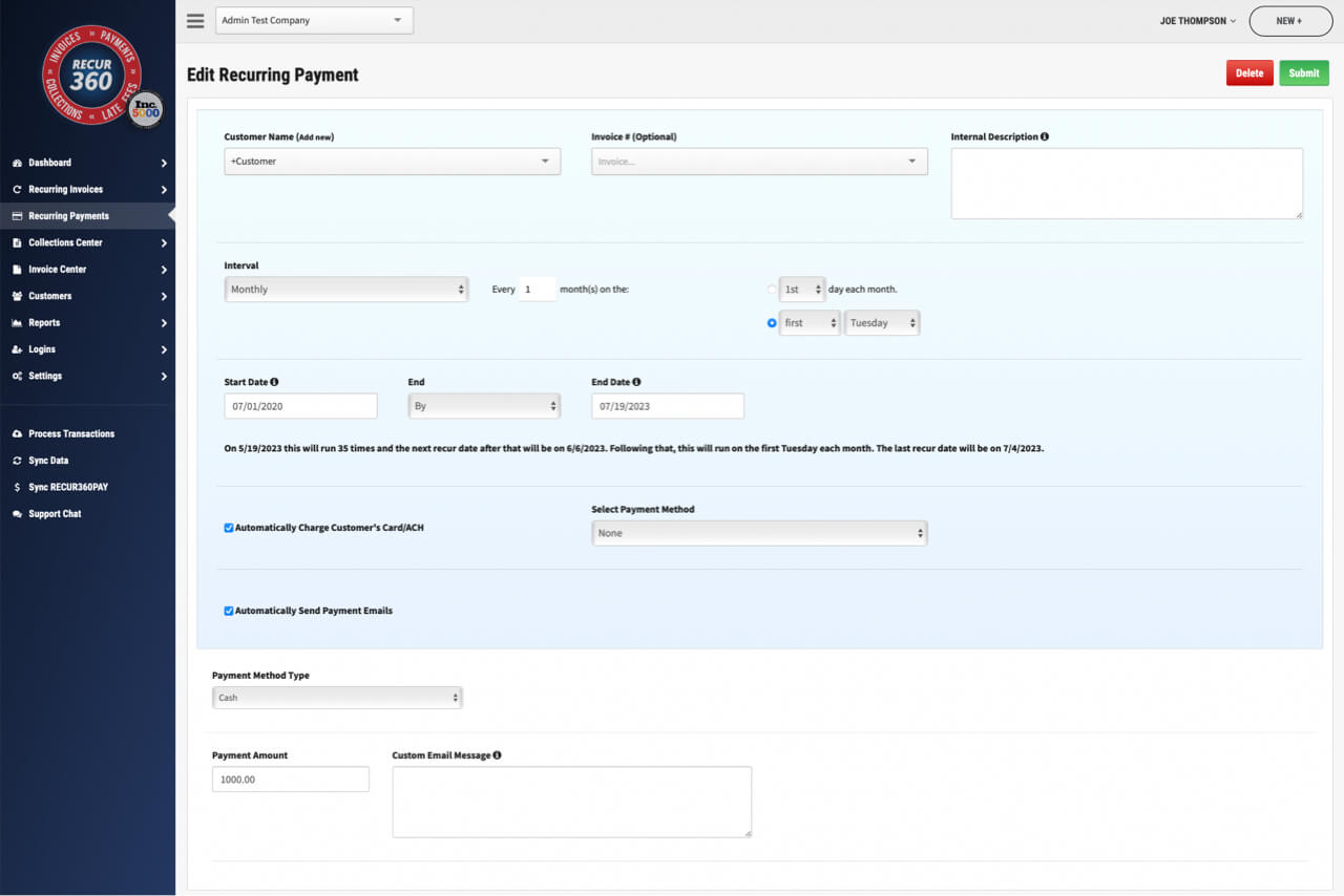 Screenshot of Recurring Customer Payment Plans in RECUR360