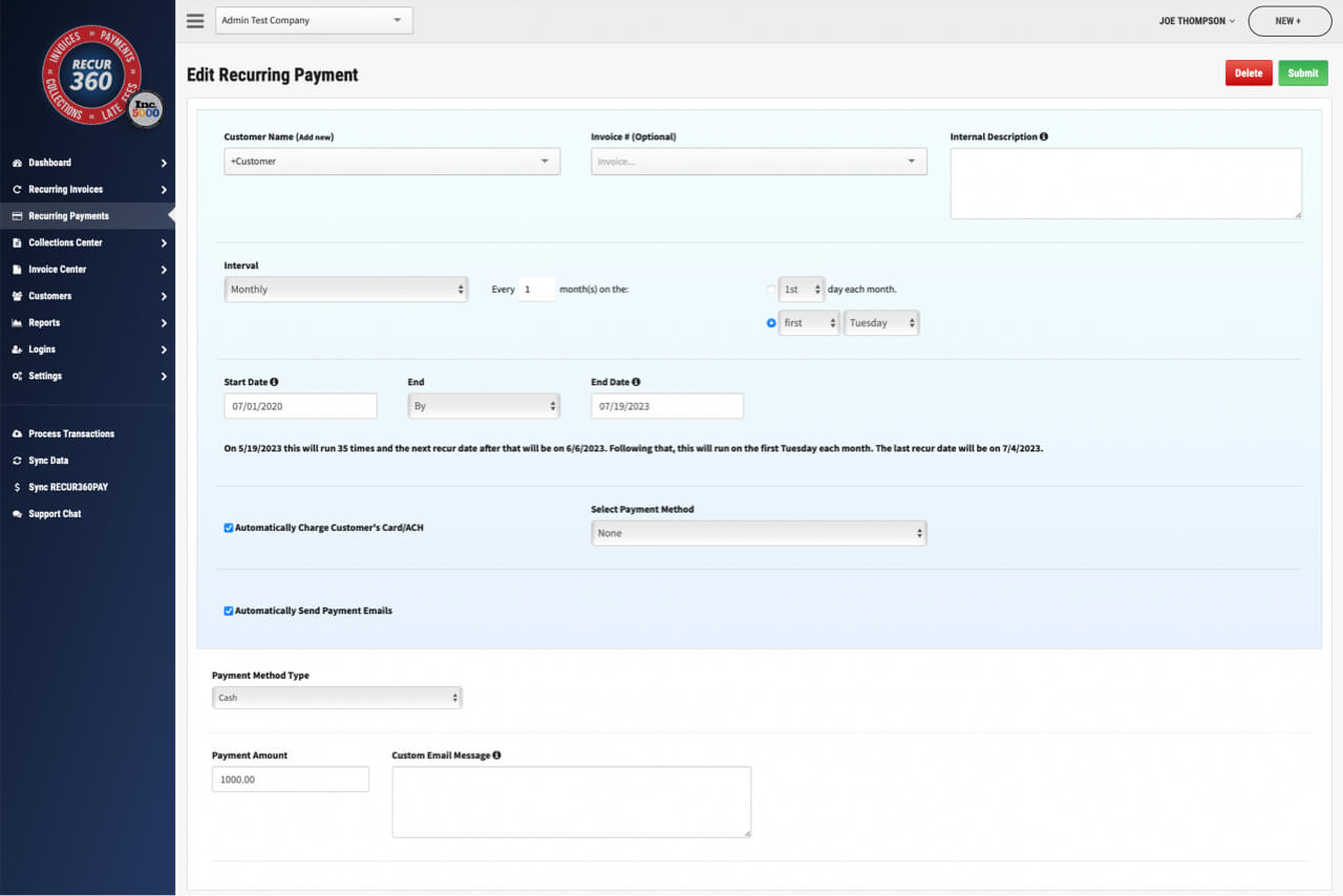 Image of Recurring Customer Payment Plans in RECUR360