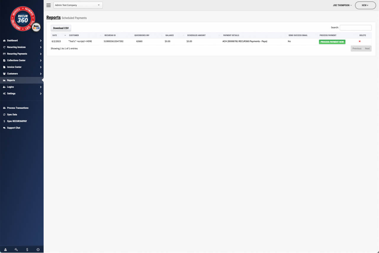 Screenshot of Scheduled Payments Report in RECUR360