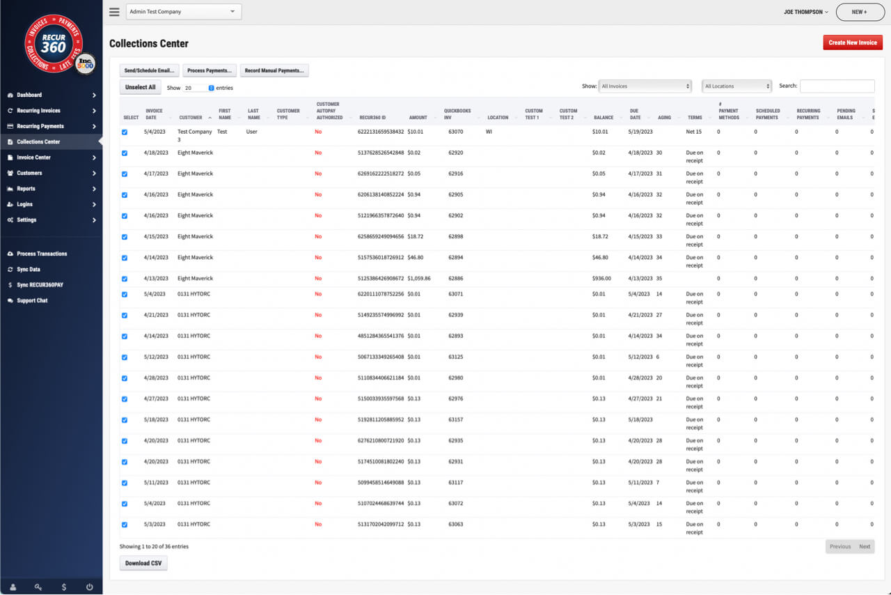 Screenshot of Send or Schedule Email Notices for Multiple Invoices in RECUR360