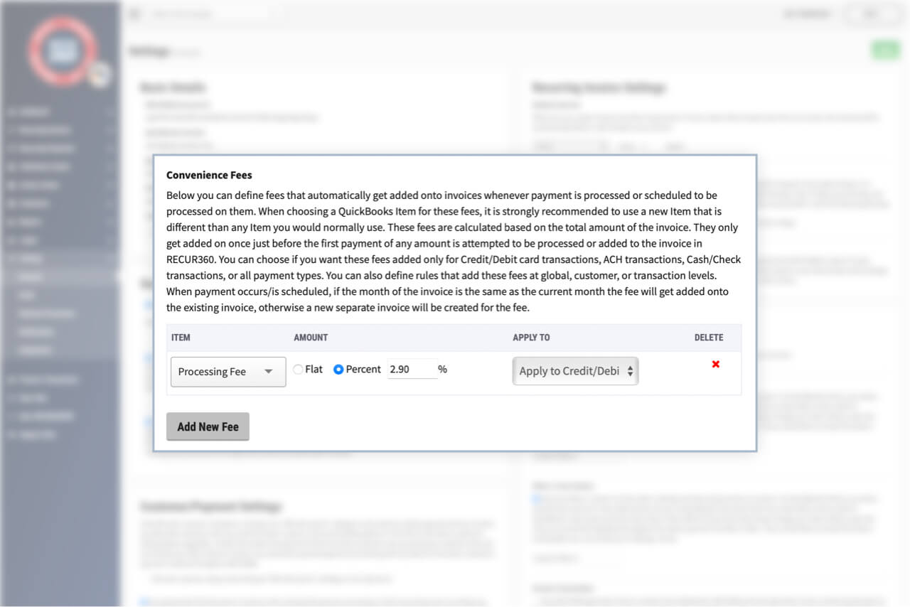 Screenshot of Set convenience fee based on flat rate or percentage in RECUR360