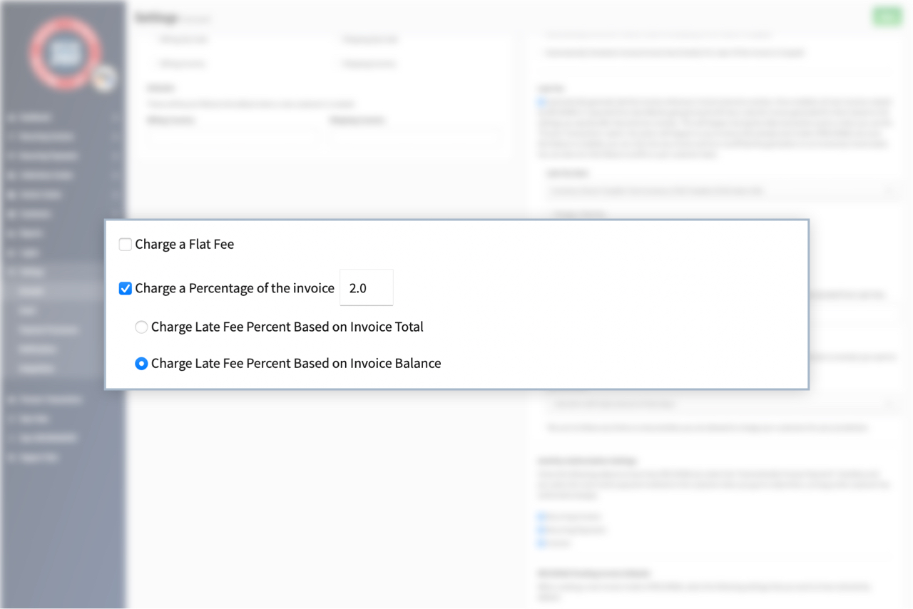 Image of Set late fee based on flat rate or percentage in RECUR360