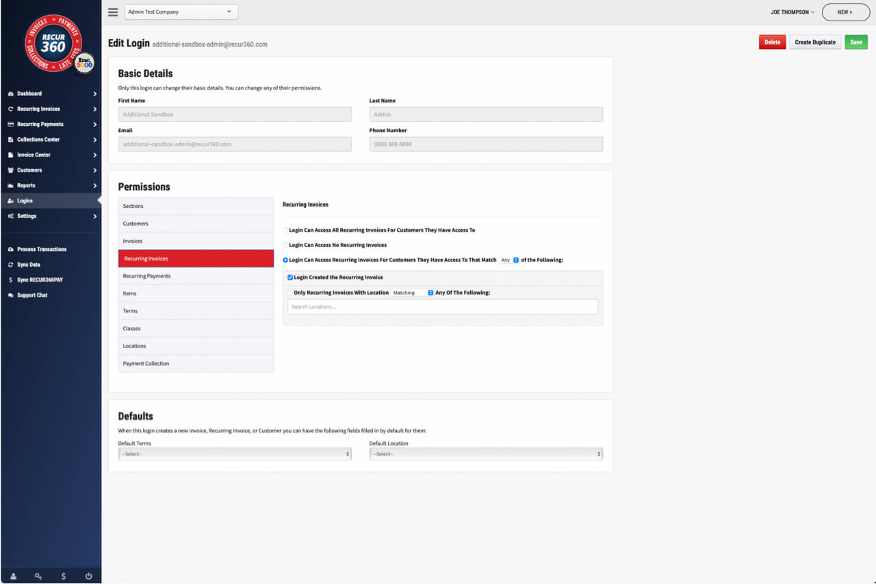 Screenshot of Set Permissions Per Login and Restrict Access in RECUR360