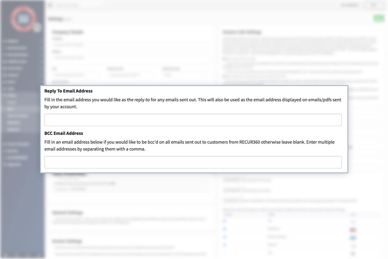 Screenshot of Set a Reply-to Email Address and BCC on Customer Emails in RECUR360
