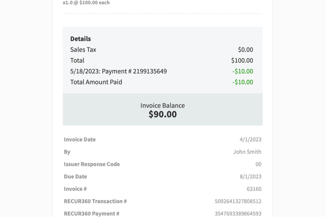 Image of Show Customer Remaining Balance Due as They Pay in RECUR360