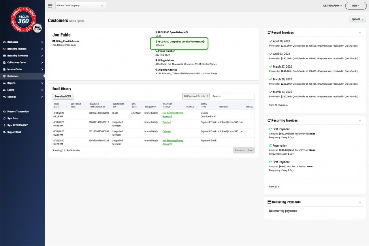 Image of Use unused credit memos or unapplied payments as a payment in RECUR360